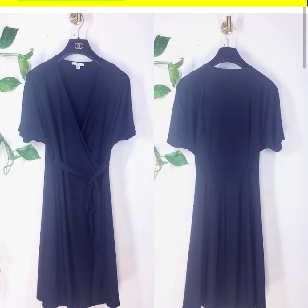 NEW HALSTON Black Wrap A-Line Mini Dress MEDIUM V-Neck Cap Sleeves Self-Tie Belt